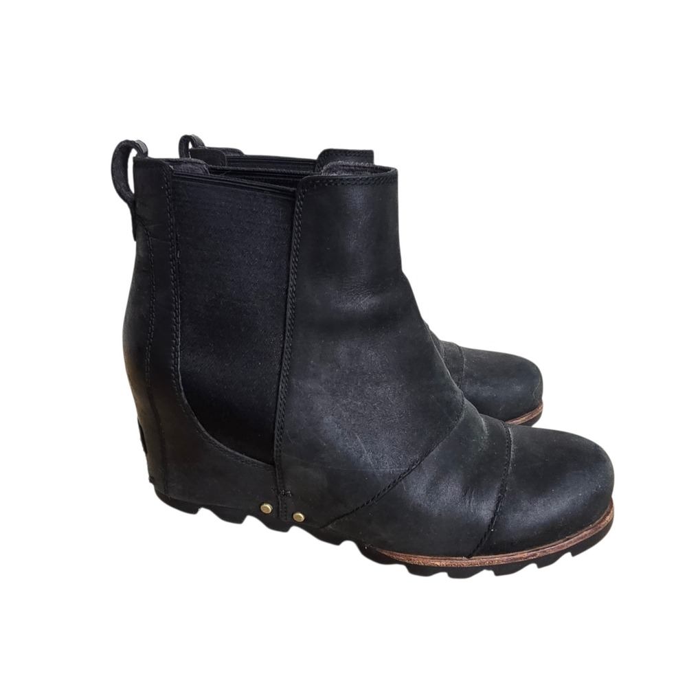Sorel Lea Wedge Chelsea Boots‎ Black Leather Waterproof Ankle Womens Size 8